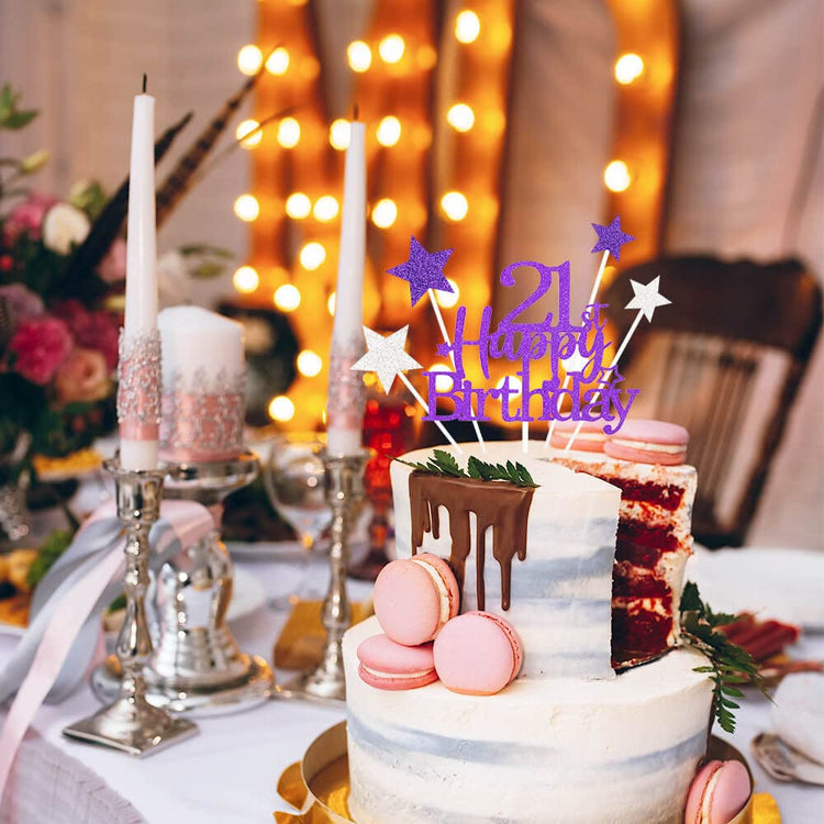 Purple Silver 21st Birthday Cake Topper with Glittery Stars (7 Count)