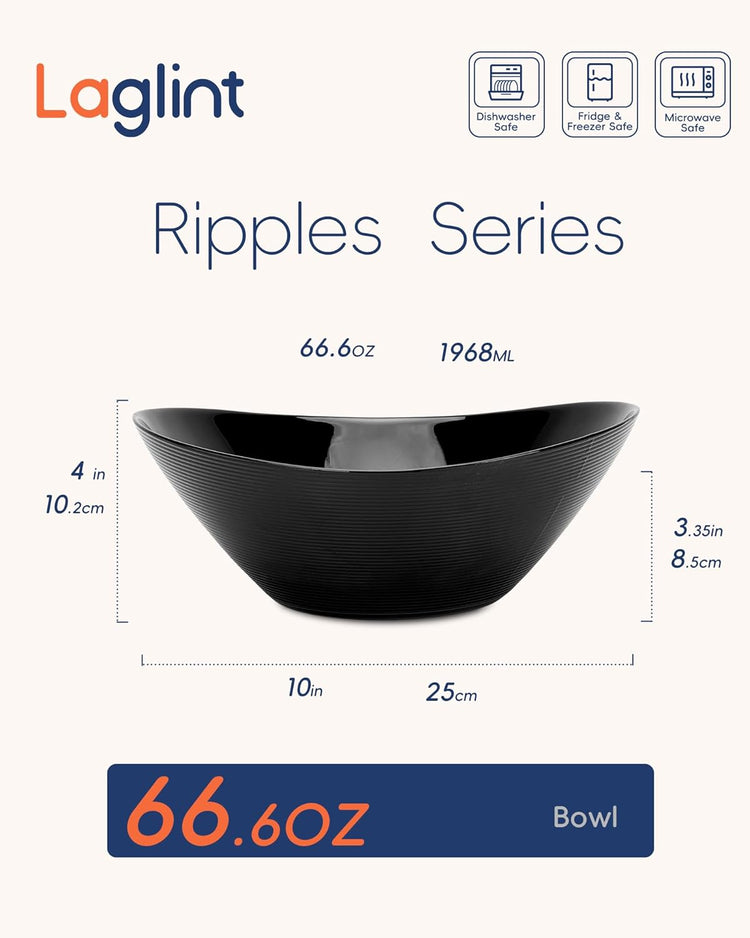 66 OZ Salad Bowl Set of 2, Opal Glass 10 inch Lightweight Serving Dishes for Salad, Fruit, Kitchen Microwave & Dishwasher Safe, Oval Shape Black