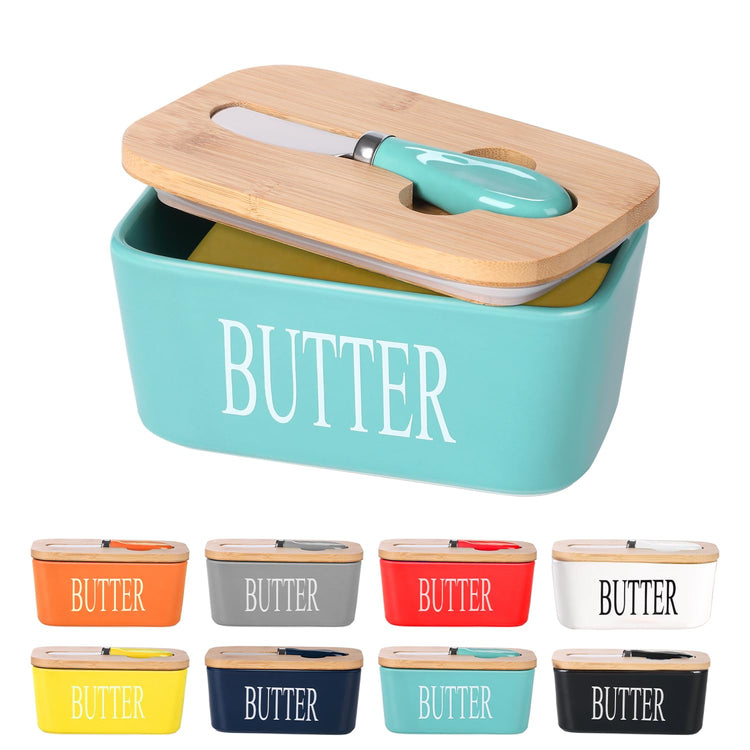 Ceramic Butter Dish with Bamboo Lid and Stainless Steel Knife Spreader