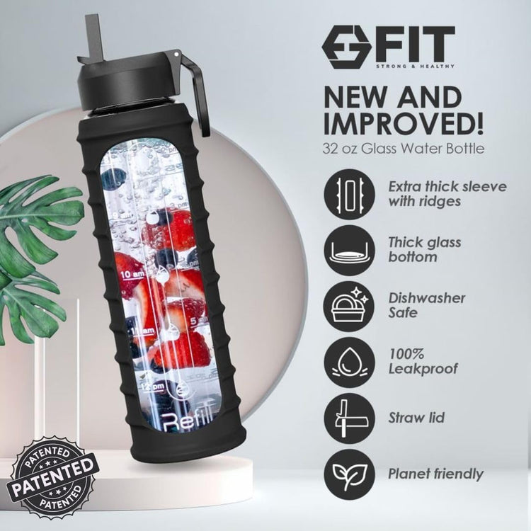 FIT Strong & Healthy 32 oz Glass Water Bottle with Straw Lid, Time Marker, Sleeve & Extra Lid - Motivational, Wide Mouth 1 Liter Glass Drinking Bottle