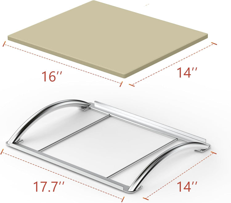 Skyflame 16” Rectangle Pizza Stone and Stainless Steel Rack with Handle, Heavy Duty Baking Stone Ideal for Most Charcoal/Gas Grills, Pizza Oven and Smoker