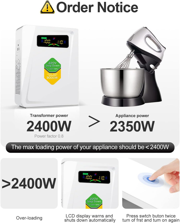 Power Converters 220v to 110v Step Down Transformer Voltage 3000w, No Noise, Ten Protection Functions, Suit for Air Fryer, Coffee Maker,for US Appliance Used in Europe