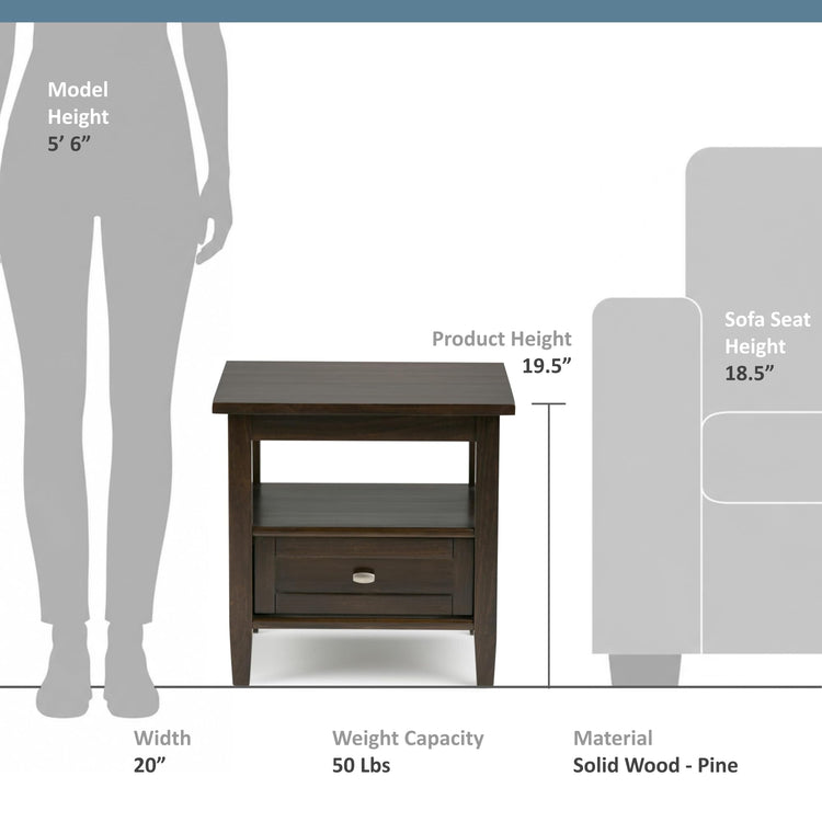 Warm Shaker 20" Wide Solid Wood End Table in Brunette Brown