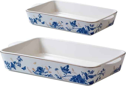 Baking Pans Set of 2 Blue flower 14 inch Ceramic for Oven Large Casserole Baking Dish Set with Handles Porcelain Bakeware Sets Casserole Dish for Oven/Cooking/Kitchen/Cake Dinner/Turkey/Pumpkin/Thanksgiving Holiday Gifts