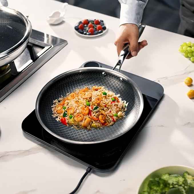 Nonstick Frying Pan Set, 8, 10 and 12-inch Frying Pans, 6-Piece Hybrid Non stick 18/10 Stainless Steel Pans with Lid, Induction Compatible, Dishwasher &Oven Safe, PFOA Free