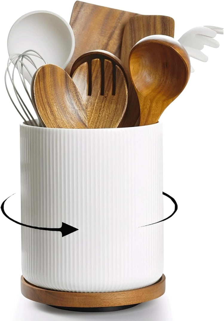 Utensils Holder 360° Rotating Ceramic Kitchen Utensils Holder for Countertop, Utensil Crock for Farmhouse Kitchen Décor, Rotatable & Detachable Wooden Base [White]