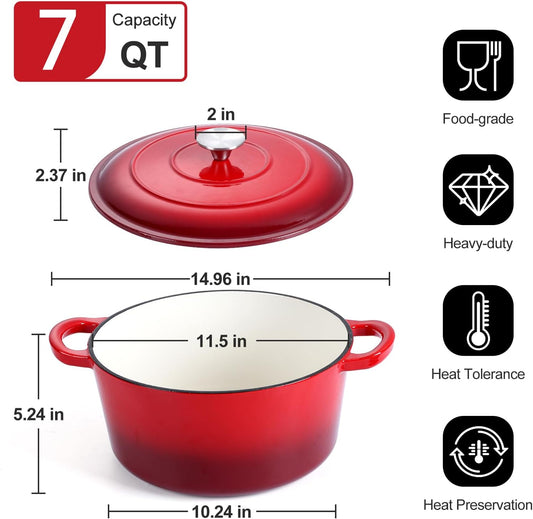 P&P CHEF 7QT Enameled Dutch Oven, Cast Iron Dutch Oven Pot with Lid for Bread Baking, Enameled Casserole Pot for Roasting Braising Stewing Frying Simmering, Various Stoves & Easy Clean, Red - Nestoria