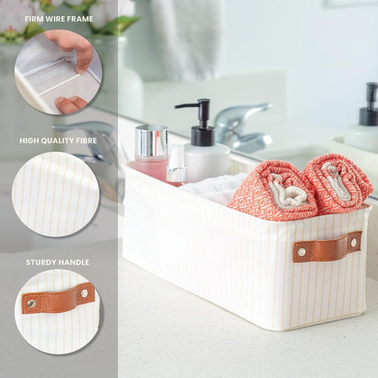 OrganiHaus Narrow Storage Bins 15x06in, Small Closet Bins for Shelves, Bathroom Storage Baskets, Narrow Baskets, Fabric Organizer with Handles, Toilet Paper Organizer - 2 Pack, White w/Brown Stripes