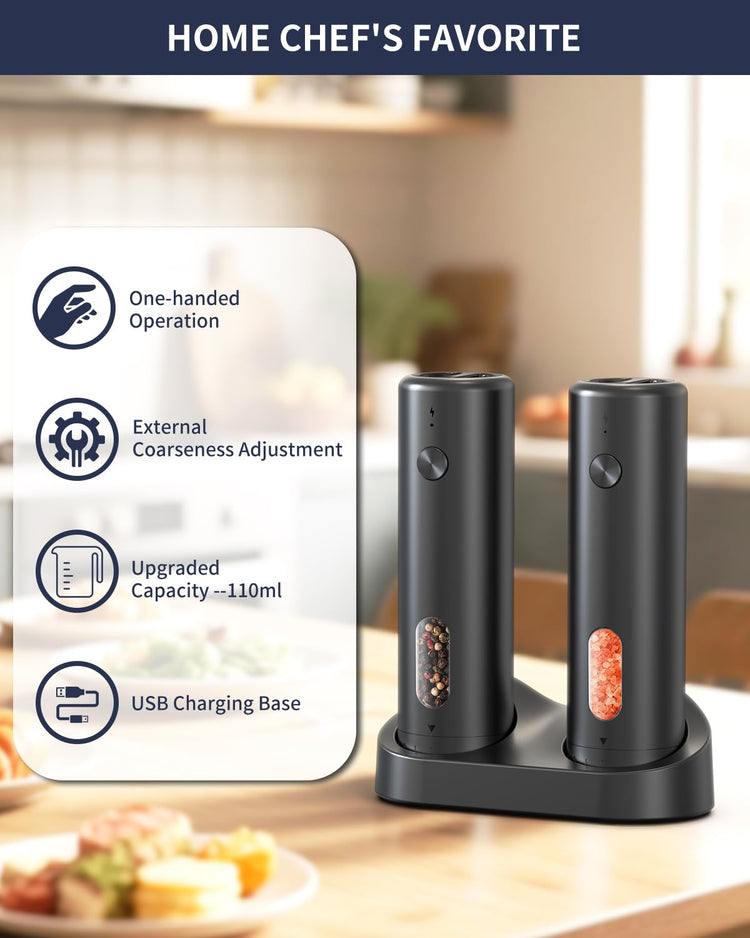 Rechargeable Electric Salt and Pepper Grinder Set with Charging Base (2 Count)