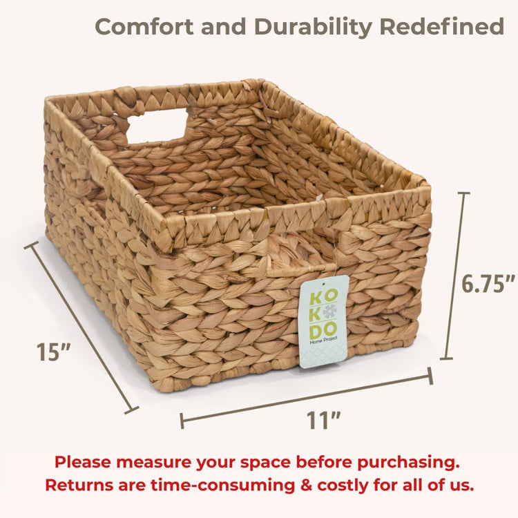 KOKODO 15”L x 11”W Large Rectangular Water Hyacinth Wicker Storage Basket with Handles