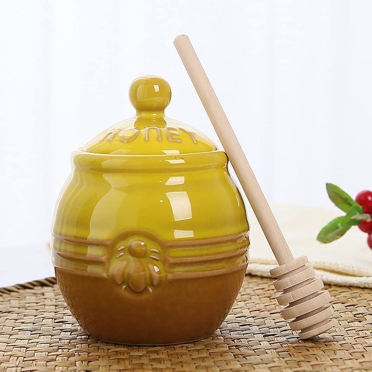 12oz Ceramic Honey Jar with Wooden Dipper Stick