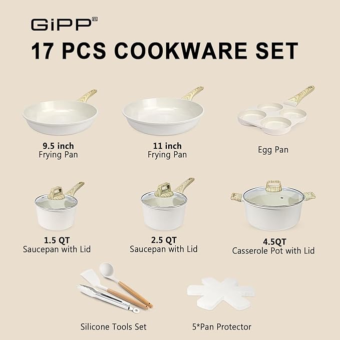 GiPP Ceramic Pots and Pans Set Non Stick - 17 Pcs Nonstick Cookware Set, Non-toxic Healthy Kitchen Cooking Set/Frying Pans Set, Dishwasher Safe, PFAS PTFE PFOA PFOS Free, Cream White