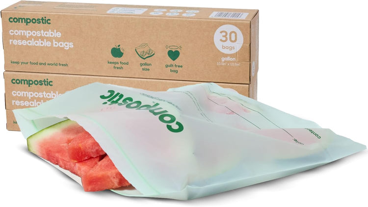 Home Compostable Resealable Gallon Bags (10.5"x10.5"), Microwave & Freezer Safe, Organic Food Storage Container, 30 Count (Pack of 2)