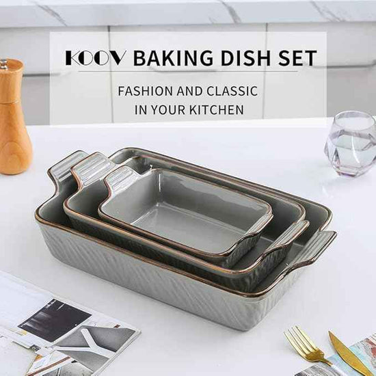 KOOV Bakeware Set, Ceramic Baking Dish Set, Rectangular Casserole Dish Set, Lasagna Pans for Cooking, Cake Dinner, Kitchen, 9 x 13 Inches, Texture Series 3-Piece (Grey)