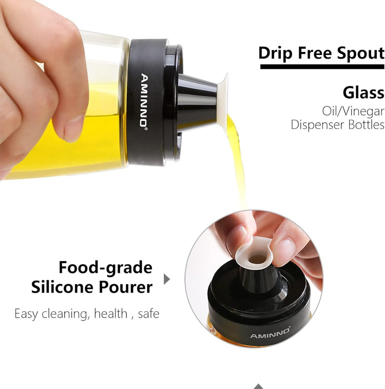 Oil and Vinegar Dispenser 2 Pack, Olive Oil and Vinegar Cruet Dispenser Bottle,Wide Opening(Easy Refilling) with lids, Sealed leakproof, Glass Oil Bottle for Kitchen Cooking, 9.5oz/280ml