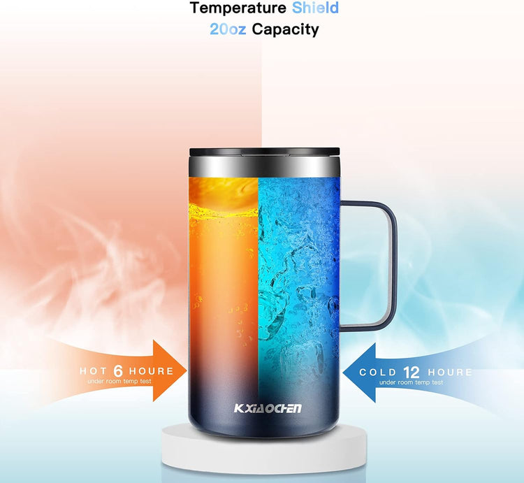 KXIAOCHEN 20oz Insulated Coffee Mug with Lid, Stainless Steel Coffee Cup, Double Wall Vacuum Coffee Tumbler with Handle, Premium Thermal Travel Coffee Mug (Navy blue 2Pack)