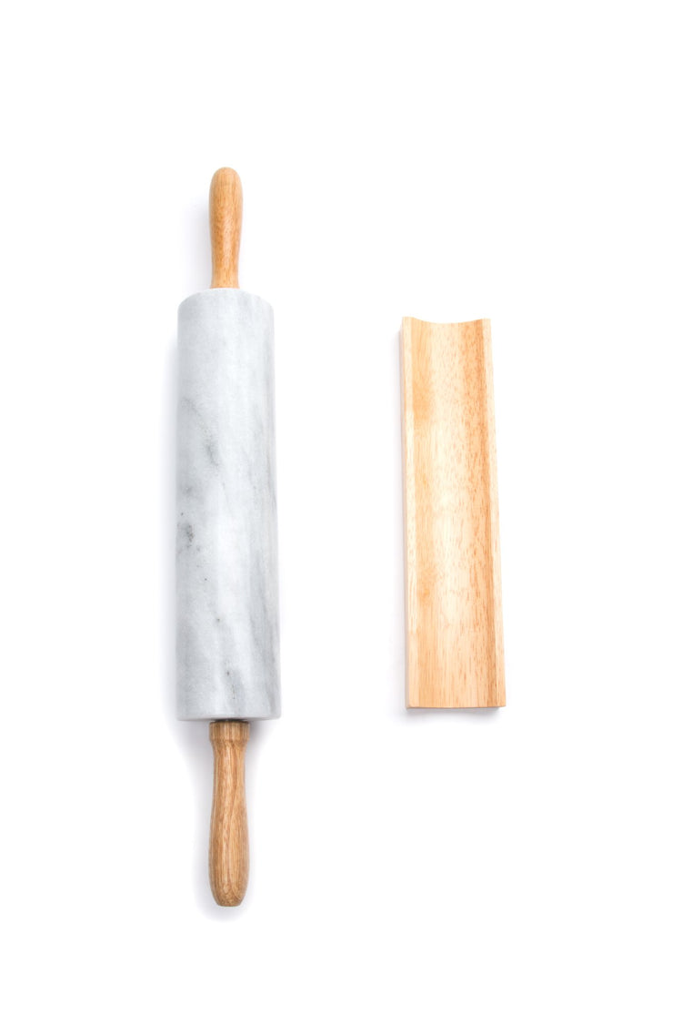 Polished Marble Rolling Pin with Wooden Cradle