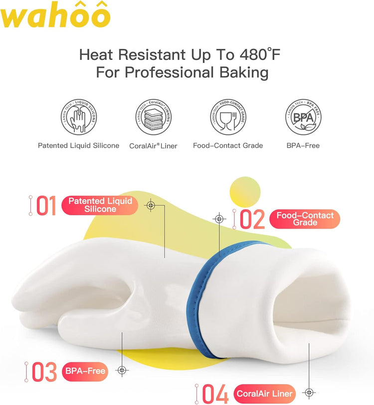 wahoo Professional Liquid Silicone Oven Mitts Gloves, Heat Resistant Gloves for Cooking, Baking, CoralAir Liner, 12 Inch, White, Large