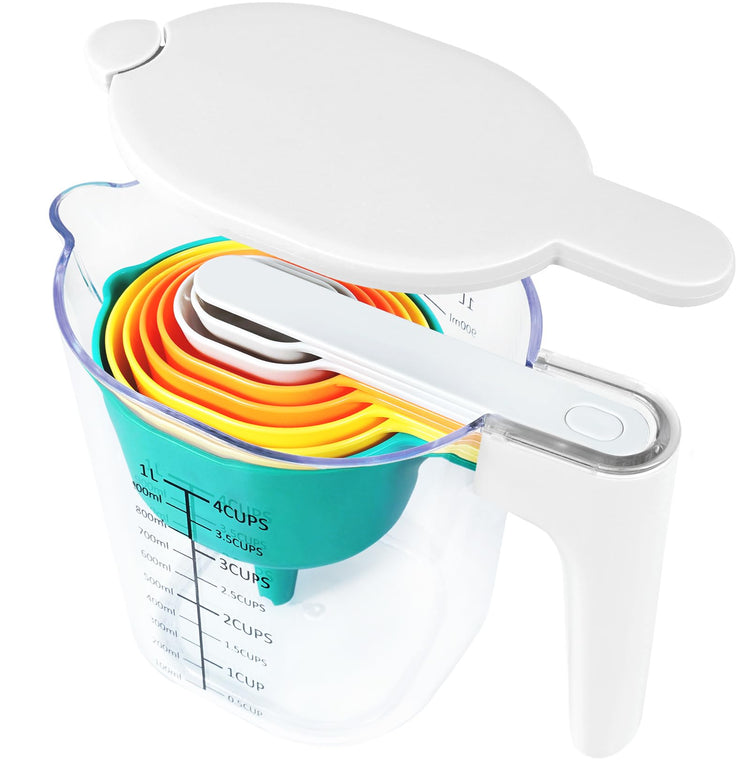 Stackable 10 Piece Measuring Cups and Spoons Set with White Lids