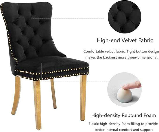 Black Velvet Dining Chairs Set of 4, Upholstered Dining Room Chairs with Back Ring Pull Trim and Golden Stainless Steel Legs,Modern Dining Chairs for Dining Room,Kitchen(Black)