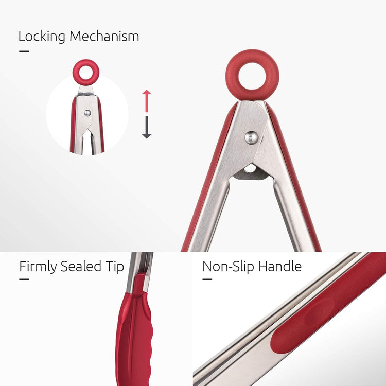 U-Taste Kitchen Tongs, 7/9/12 inches Cooking Tongs, with 480ºF High Heat-Resistant Non-Stick Silicone Tips, 18/8 Stainless Steel Handle, for Food Grill, Salad, BBQ, Frying, Serving, Pack of 3 (Red)
