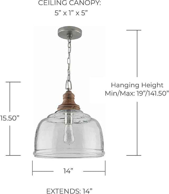 Capital Lighting 330318GY Julian Coastal Style Clear Organic Rippled Glass Pendant with Handcrafted Mango Wood Finial, 1-Light 60 Watt, 16" H x 14" W, Grey Wash