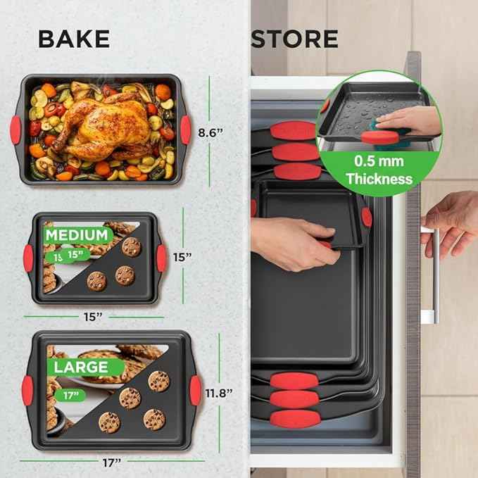 NutriChef 3-Piece Cookie Sheets for Baking, Non-Stick Baking Pans Set with Silicone Handles, Stackable Oven Trays in Small, Medium & Large Sizes for Professional and Everyday Use, 2026 Edition