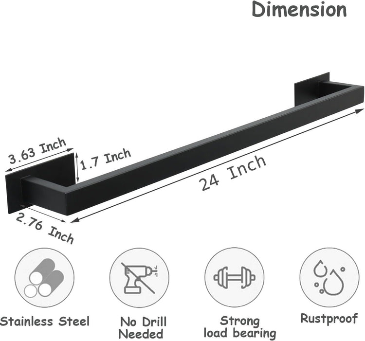Bathroom Towel Bar Self Adhesive, No Drilling Towel Rack Easy to Install, Hand Towel Holder Made of Premium Stainless Steel Sticky on Hand Towel Hanger for Kitchen, Toilet.(24IN, Black)
