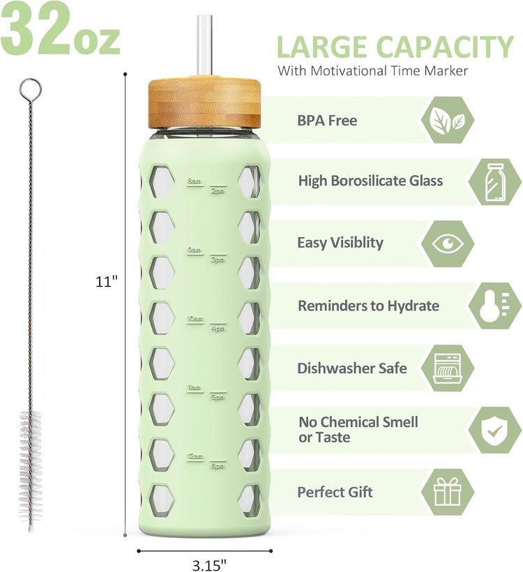 MUKOKO Glass Water Bottles,32oz Glass Tumbler with Straw,Drinking Bottles with 2 Lids-Handle Spout Lid&Bamboo Straw Lid,Motivational Water Bottle with Time Marker and Silicone Sleeve,1 Pack-Mustard