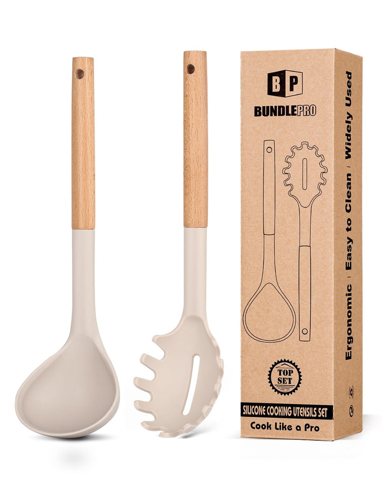 Silicone Pasta Fork and Ladle Spoon Set with Wooden Handle (2 Count)