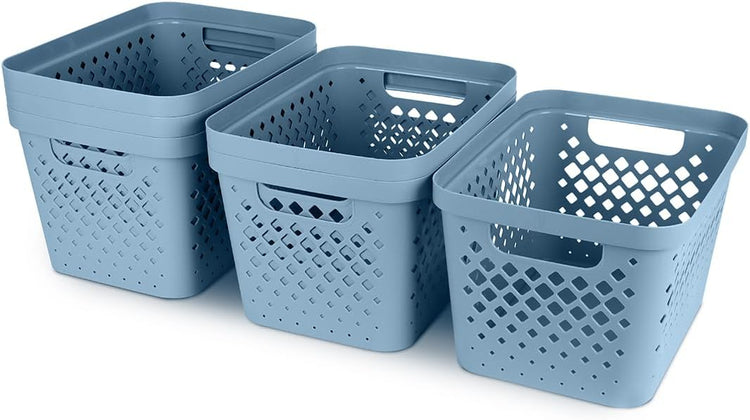 Glad Plastic Storage Basket Set, Value Pack of 6 | Open Storage Bins for Shelves, Bathroom, Pantry, Closet | Nesting Organizer Boxes with Handles, 4 Gallon, Marina Blue