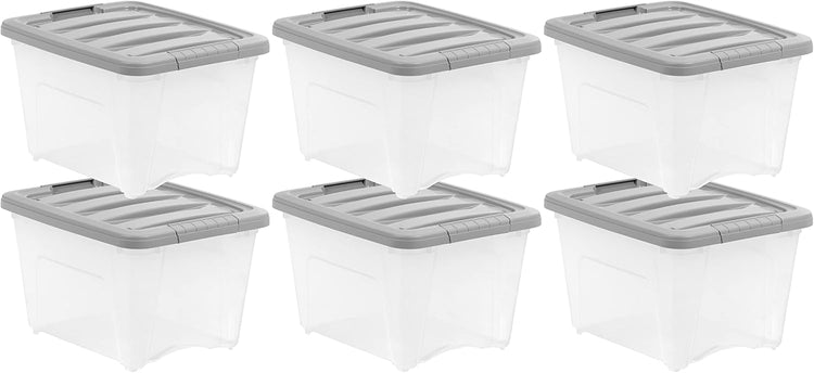 Amazon Basics Plastic Storage Containers with Secure Latching Lids, Stackable Organization Bins, Clear/Grey, 19 Quart, Set of 6