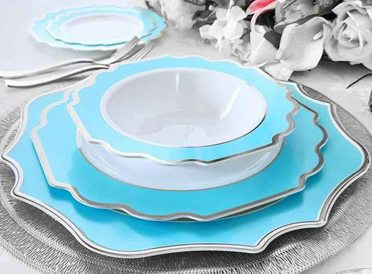 OCCASIONS 960-Piece Disposable Dinnerware Set for 120 – Heavy Duty Plates, Silverware, Cups, Napkins – Party Supplies-Imperial Blue & Silver