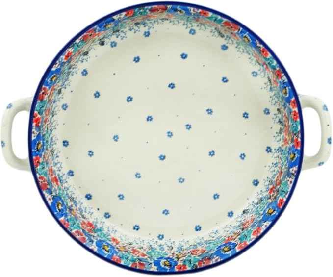 Polmedia Polish Pottery Round Baker with Handles 10-inch UNIKAT - Autumn Bunch Pattern Handmade in Boleslawiec Poland by Ceramika Artystyczna + Certificate of Authenticity