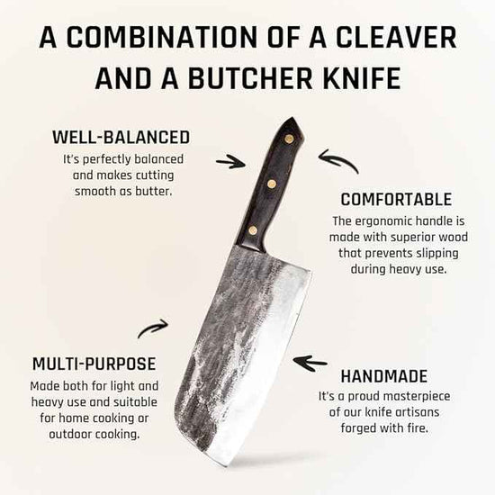 COOLINA Kapeni Butcher Knife, Handmade Forged Multipurpose Meat Cleaver Knife for Kitchen, Home and Outdoor Cooking, Rugged Blade