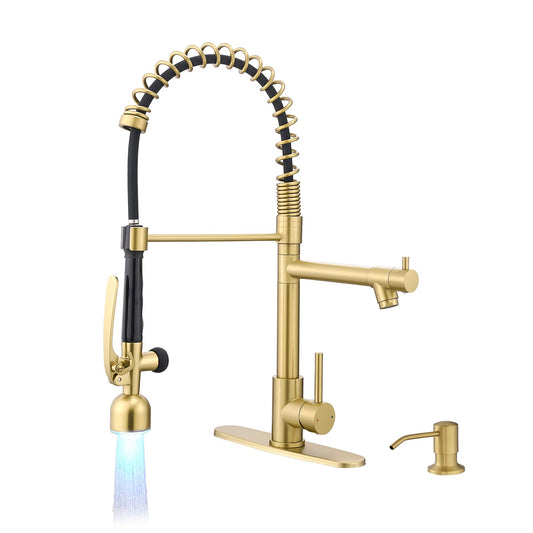 Commercial Kitchen Faucets with Pull Down Sprayer Brushed Gold LED