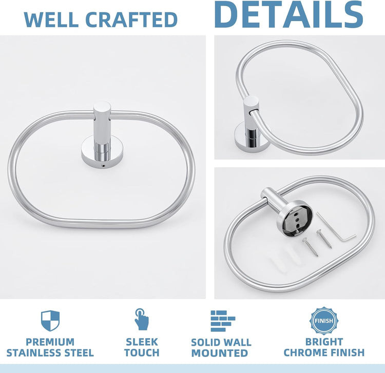 APLusee Oval Towel Ring Chrome, Stainless Steel Hand Towel Holder for Bath Kitchen, Wall Mounted
