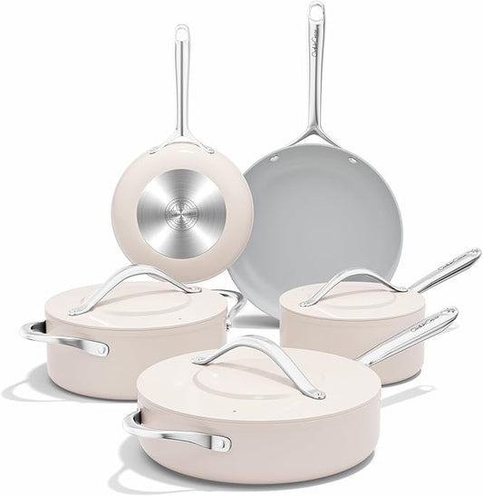 CookinCraze Ceramic Cookware Set, Pots and Pans Set Nonstick with Lid PFAS & PFOA Free, Induction Compatible Oven Safe Up to 500°F Even Heat Distribution, Light Cream