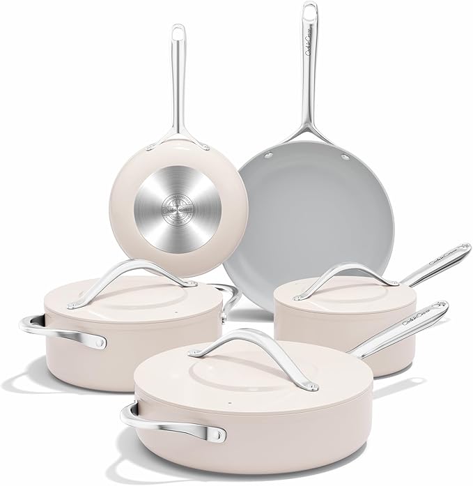 CookinCraze Ceramic Cookware Set, Pots and Pans Set Nonstick with Lid PFAS & PFOA Free, Induction Compatible Oven Safe Up to 500°F Even Heat Distribution, Light Cream