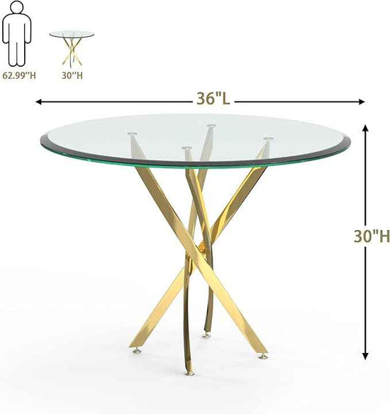 AF ARTISAN FURNITURE 36" Round Glass Dining Table for 4, Stainless Steel Legs & Tempered Glass Top, Modern Circle Leisure Table for Home Office Kitchen Dining Room Small Spaces (Gold Leg)