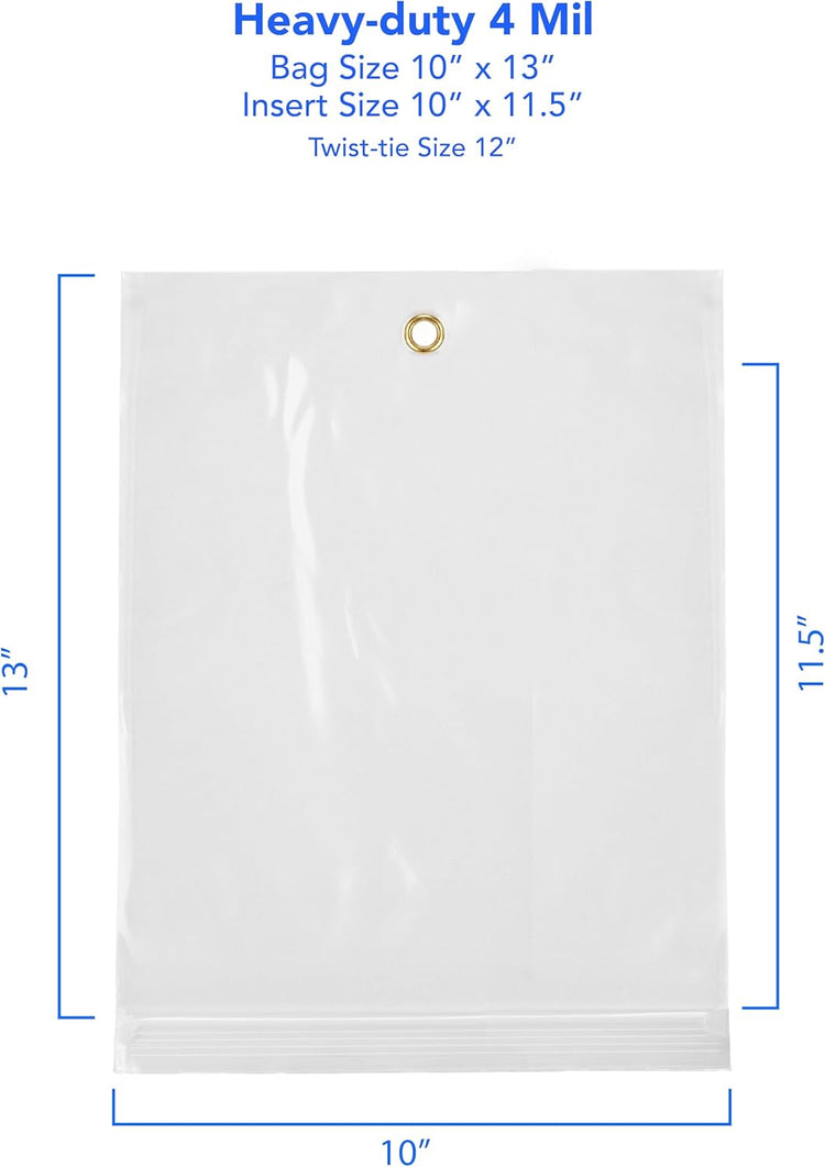 GPI - 10" x 13" Reclosable Zip Bags with Bottom Hang-hole & Pre-inserted 12" Twist-tie. 4 Mil Heavy-duty Resealable Zipper Baggy with Grommet/Metal Eyelet for Hanging (Insert Size 10x11.5) 100 Pack