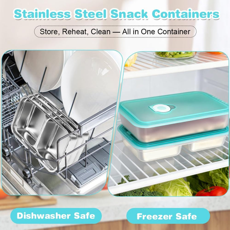 YQL 2 Pack Stainless Steel Food Containers with Lids, Double & Single Compartment Snack Boxes for Kids, Leakproof Reusable Bento Box for Lunch Prep, Travel, School, Camping