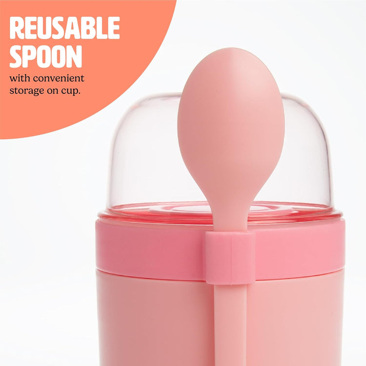 Tasty Travel Snack Cups with Spoons, On-The-Go Snacking, Divided Compartments, Great for Nuts, Cereal, Granola, Yogurt and More, Made Without BPA, 2-Pack, Pink