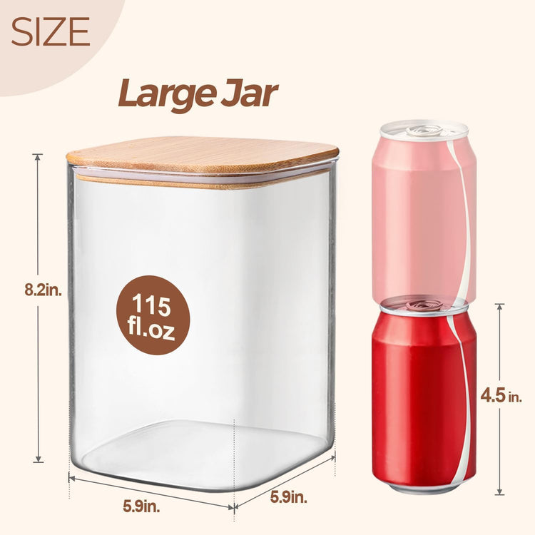 ComSaf 115 oz Glass Food Storage Containers Set of 2, Large Storage Containers with Lids, Square Glass Jars with Lids, for Flour and Sugar, Cereal, Rice, Pasta, Oats, Coffee Beans