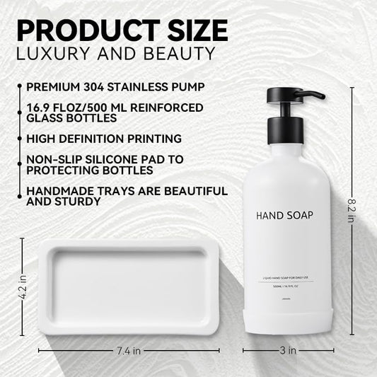 Glass Soap Dispenser Set with Ceramic Tray, 16.9 floz Hand and Dish Soap Dispenser for Bathroom Decor, White and Black Kitchen Accessories (White Bottles + Black Pumps)