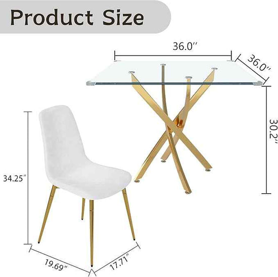 AF ARTISAN FURNITURE 36" Square Glass Dining Table Set for 4, 5-Piece Modern Kitchen Table with 4 White Velvet Chairs, Modern Circle Leisure Table for Home Office Dining Room Small Spaces (Gold Leg)