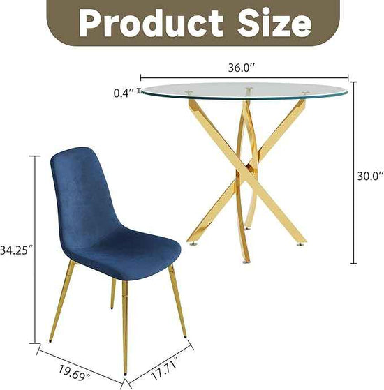 AF ARTISAN FURNITURE 36" Round Glass Dining Table Set for 4, 5-Piece Modern Kitchen Tables with 4 Blue Velvet Chairs, Modern Circle Leisure Table for Home Office Dining Room Small Spaces (Gold Leg)
