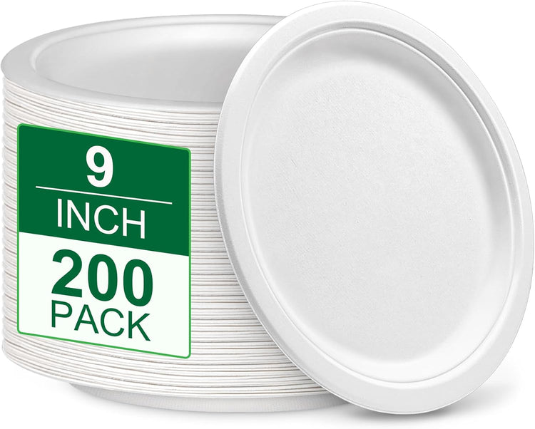 Disposable Paper Plates 9 inch, 200 Pack White Paper Plates Bulk, Eco Friendly Biodegradable Compostable Plates, Sturdy Dinner Paper Plates Heavy Duty for Party Wedding