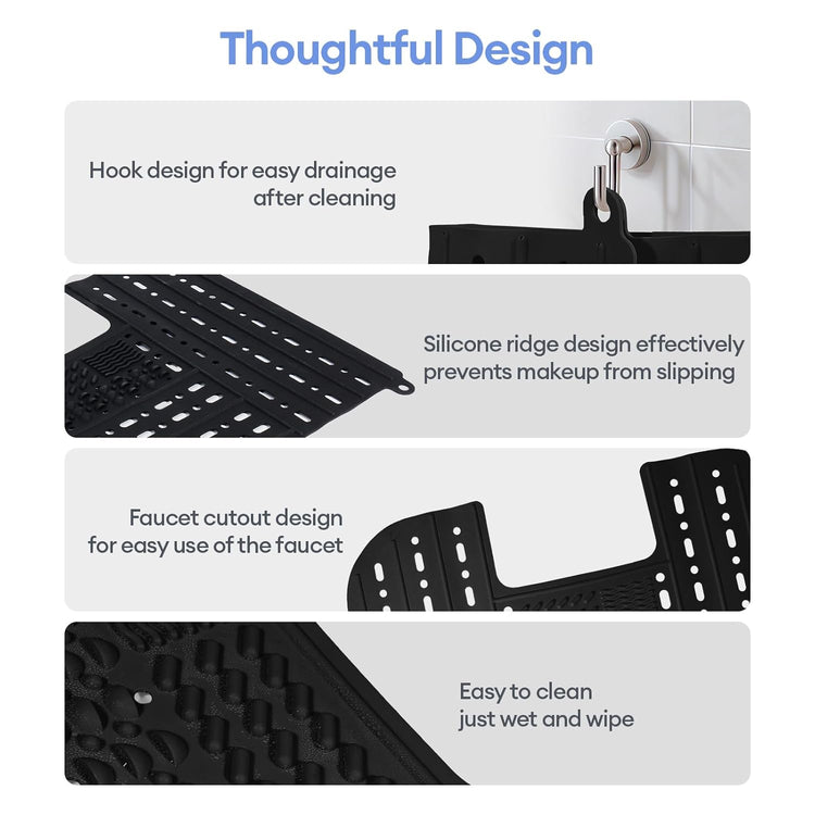 IeBilif Sink Cover for Counter Space, Foldable Bathroom Sink Covers, Makeup Organizer Mat Space Saver with Hanging Loop, Silicone Makeup Brush Cleaner Mat for Bathroom(Black)