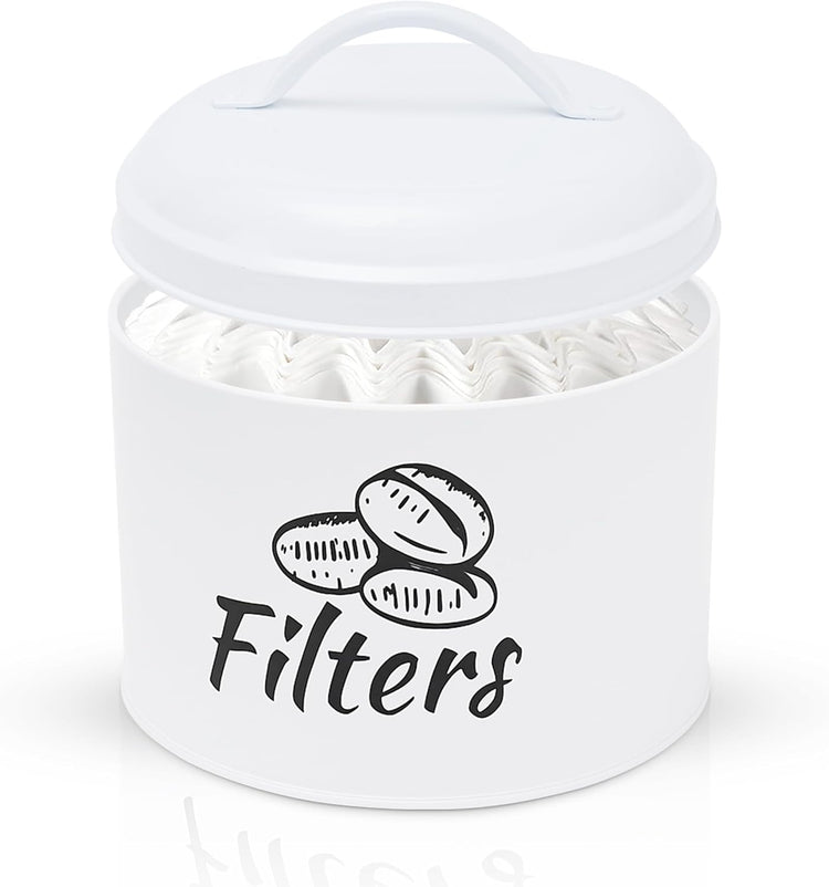Coffee Filter Holder with Metal Lid – Coffee Filter Container for Countertop – Modern Organizer for Cone Filters – Coffe Bar Accessory for Kitchen Decor (white)